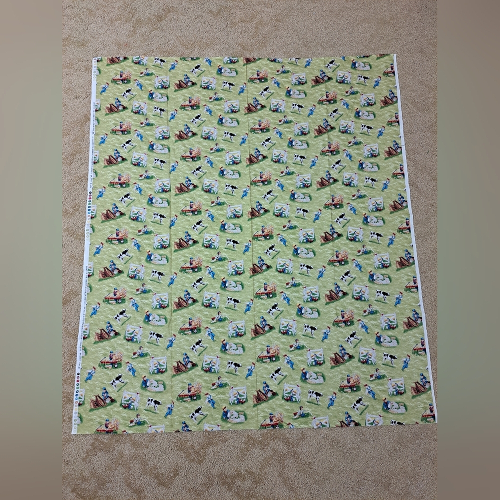 42.5x49.5 Inches "Down On The Farm" Fabric Boys, Wagon, Cows, Pigs